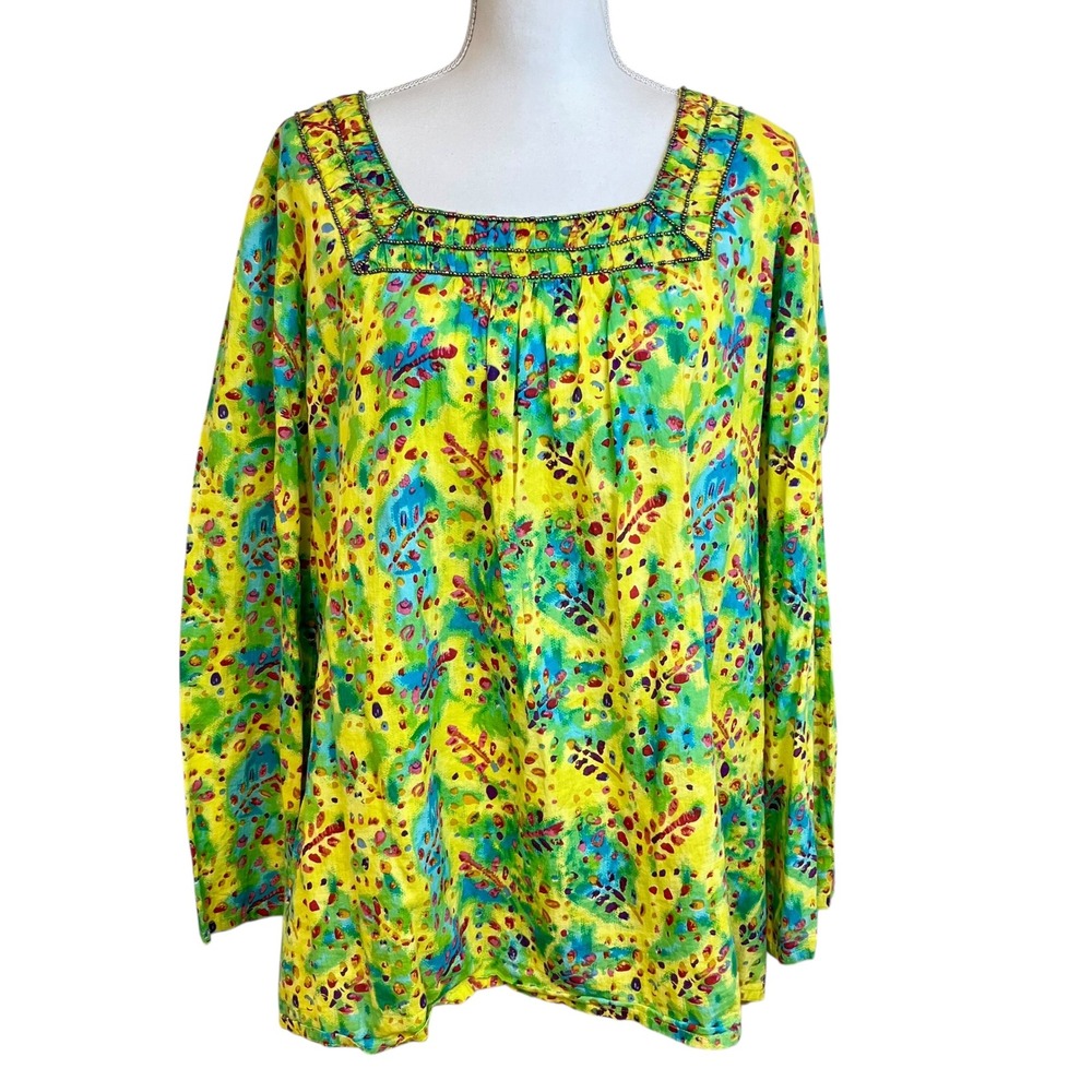 VERMONT COUNTRY STORE Yellow Floral Beaded Tunic Top XL Square Neck Cottagecore